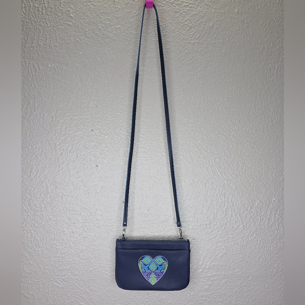 BRIGHTON Navy Blue Heart Design Mini Small Crossbody Purse Zippper Pockets - Picture 2 of 14